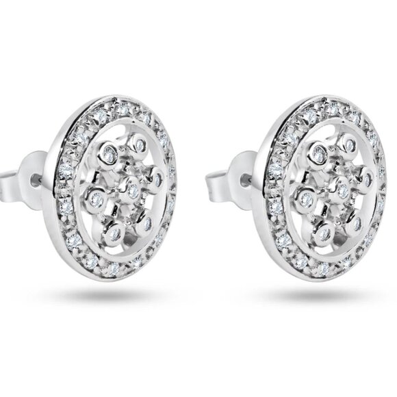 Sterling Silver 925 Rhodium Plated Round Helm Wheel CZ Stud Earrings - Picture 1 of 10